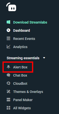 The left sidebar of Streamlabs.com with a red box surrounding 'Alert Box'